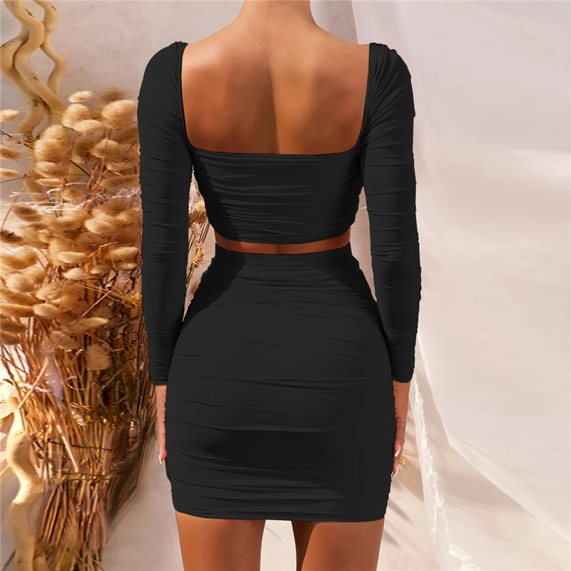 

Sexy Bodycon Ruched Mini Skirt and Top Two Piece Set for Women Cute Ladies Summer Puff Sleeve Milkmaid Top and Skirt 2 Piece Set