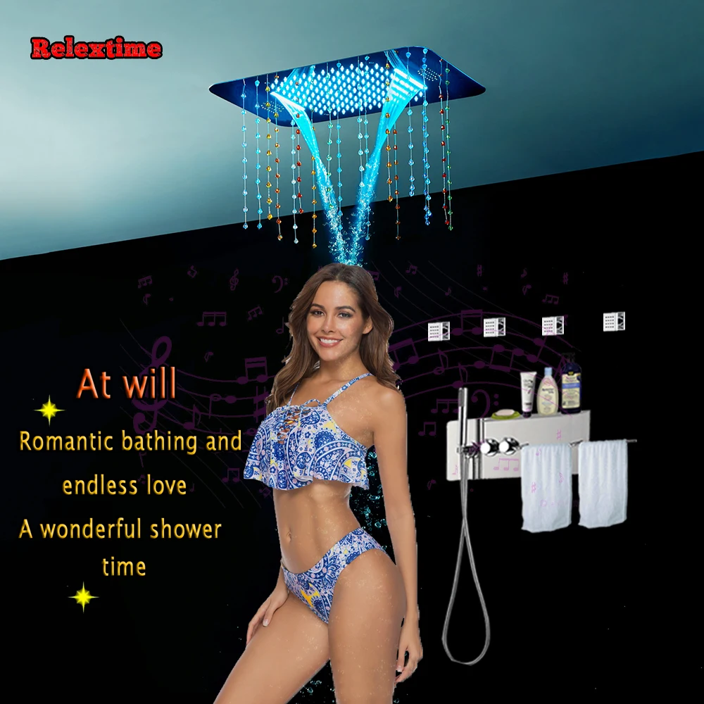 Crystal Pendant Speaker System LED Ceiling Shower Head Bathroom Set Faucet Thermostatic Concealed Mixer Shelf Massage Jet |