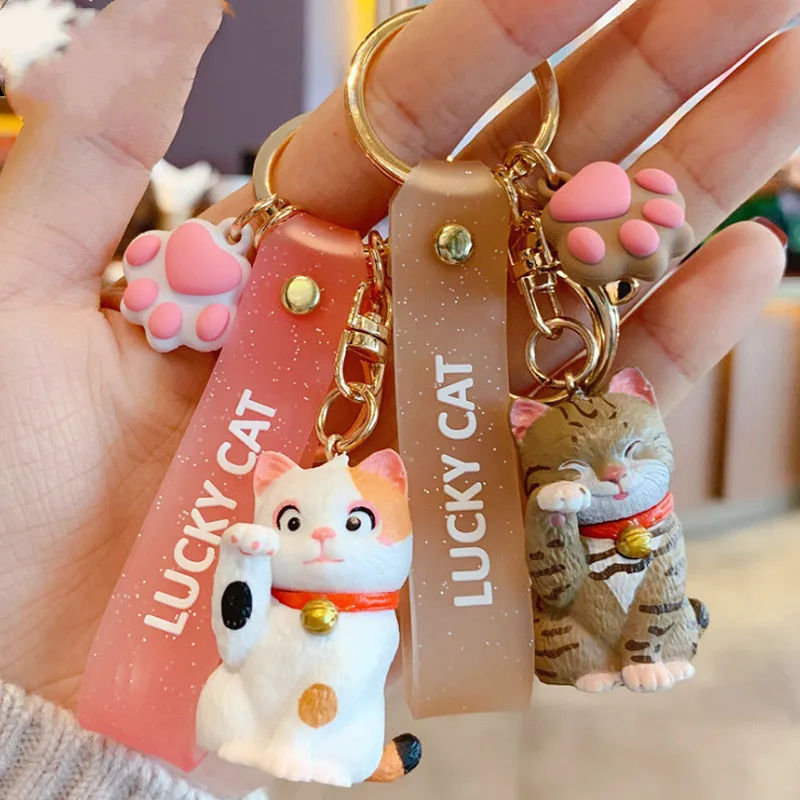 

2021 Creative Cute Beckoning Lucky Cat Keychain Cartoon Epoxy Grinning Cat Key Chains Girl Bag Pendant Couple Gift Keyrings