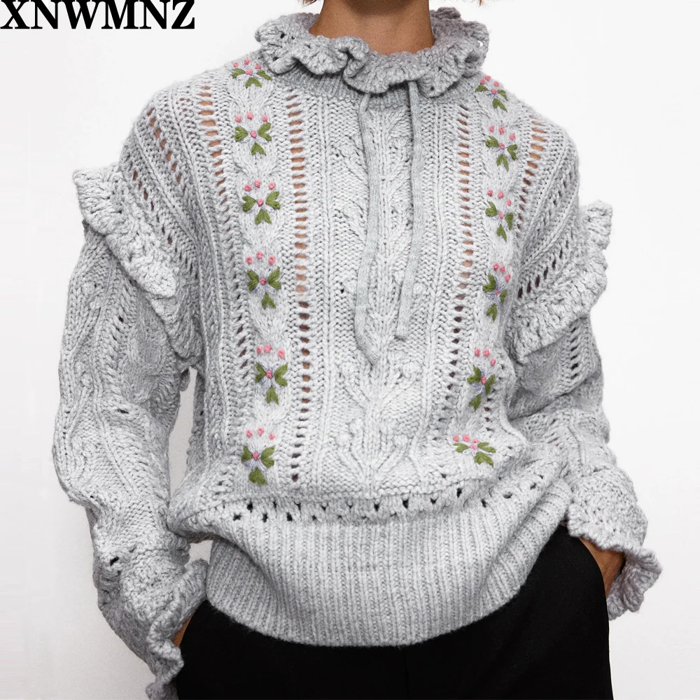 

XNWMNZ Za women Fashion embroidered oversized sweater Female loose-fitting bow long sleeve Ruffle trims High neck chic sweaters