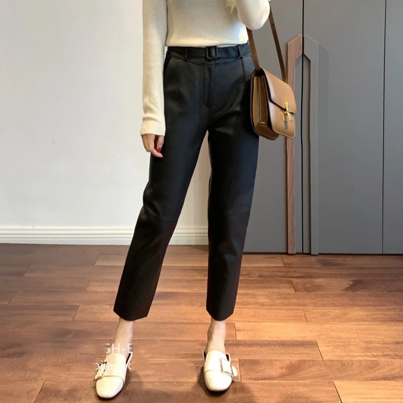 

Женские укороченные джинсы до щиколотки, 100% Модные укороченные джинсы из натуральной овечьей кожи, штаны-шаровары, украшение на пояс