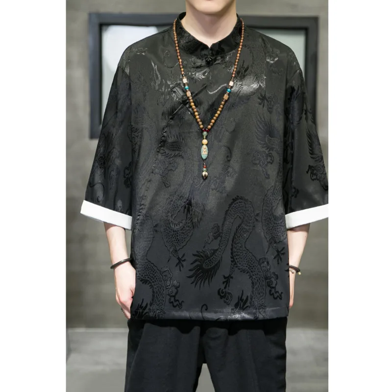 

2021 Summer Tide Brand Men's Loose Large Chinese Style Embroidered Five Points Short Sleeve Black tops t-shirt New Arrivals