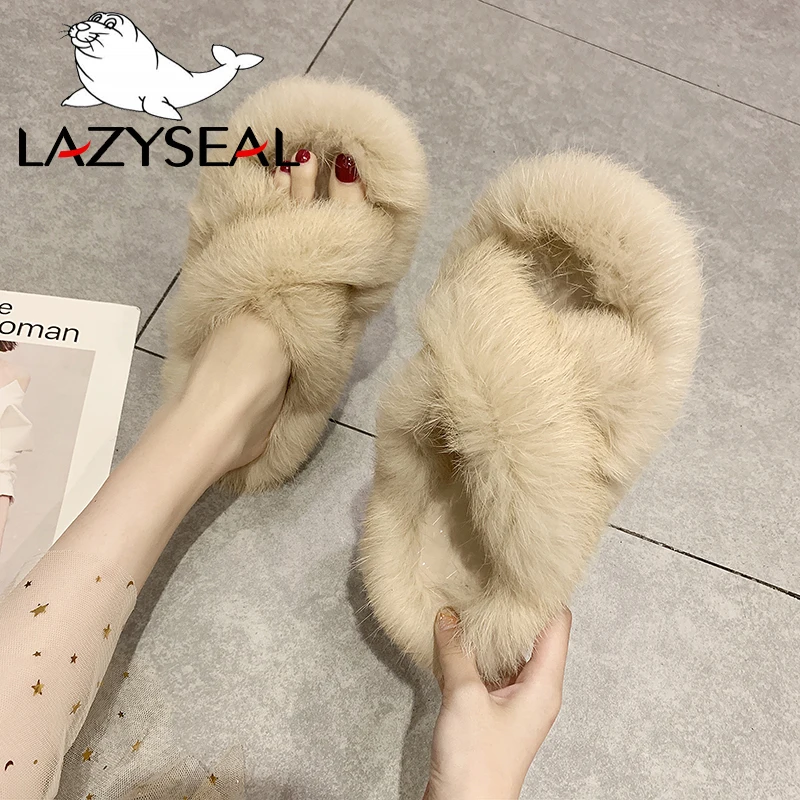 LazySeal/тапочки с натуральным кроличьим мехом женская обувь модные женские Вьетнамки, Повседневная плюшевая обувь на плоской подошве женские меховые домашние шлепанцы