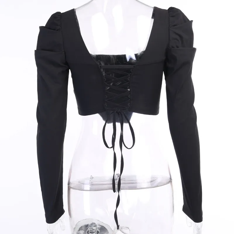 

ThornTreeSexy Women Shirts Crop Tops 2021 Autumn Backless Lace-up Hollow Out Long Puff Sleeve Square Neck Sexy Blouses Outwear