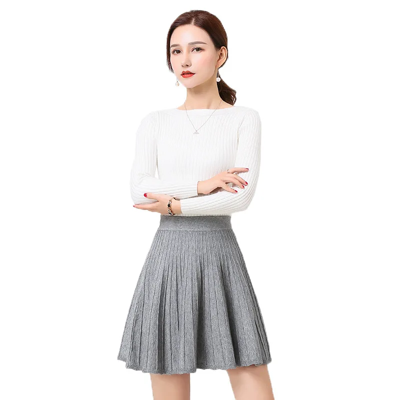 

Women's Autumn Winter Skirt Korean The High-waist Solid Color Knitted Skirt New Casual Short Bottoming Pleated Skirts GX466