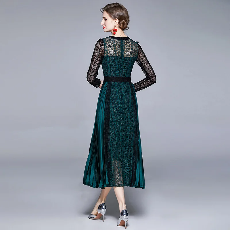 

Runway High Quality Spring Autumn Women's Long Sleeve Color Block Hollow Out Maxi Lace Dress Sexy Party Robe Holiday Vestidos