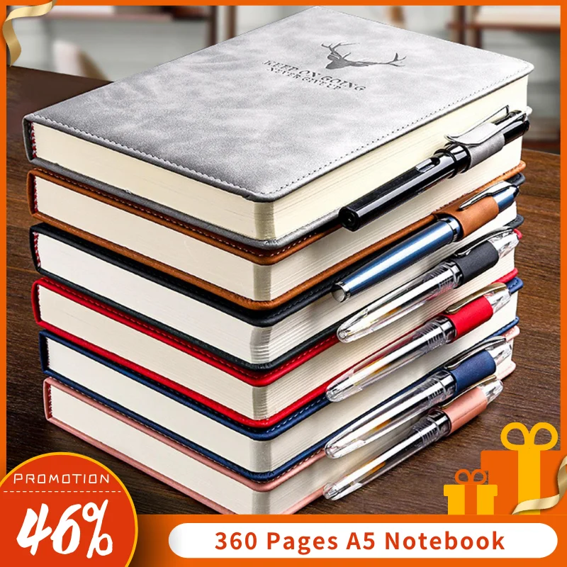 

360 Pages A5 Notebook with Pen Thick Faux Leather Cover Note Book DIY Diary Journal Business Stationery Notebook Planners