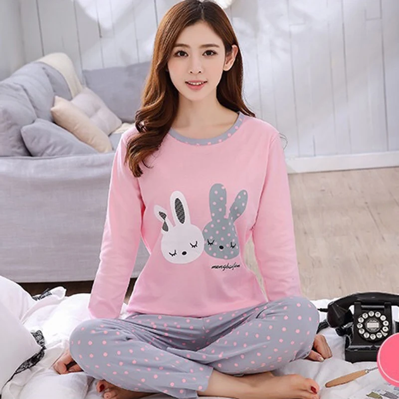 

2019 New Cartoon Printed Long Sleeve Women's Pajamas Two Piece Set Fashion Sweet Round Neck Top And Pants With Pockets