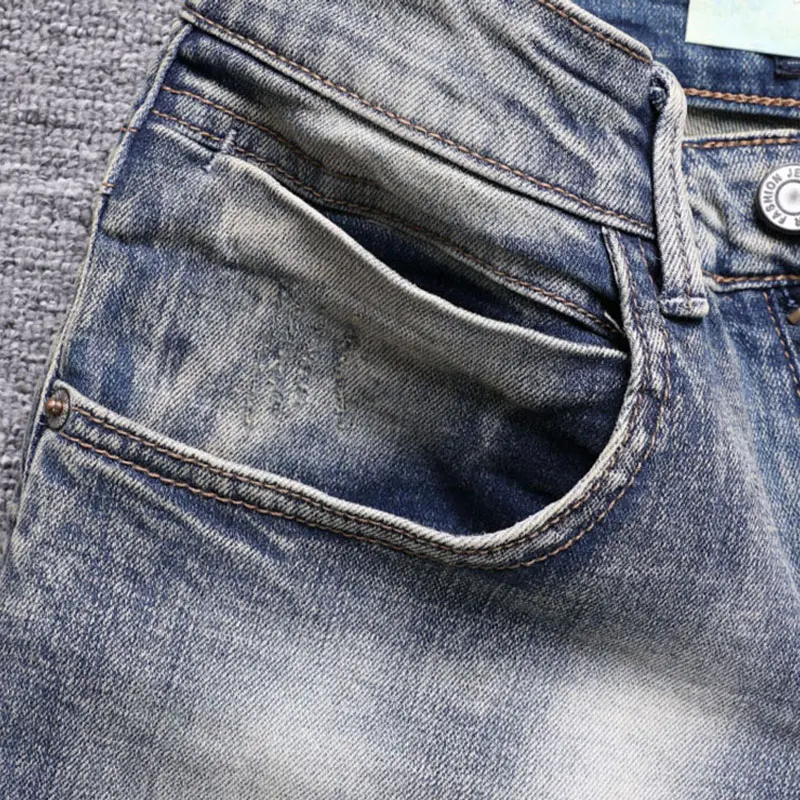 Newly Street Style Fashion Men Jeans Retro Distressed Elastic Slim Fit Ripped Jeans Men Embroidery Designer Hip Hop Denim Pants