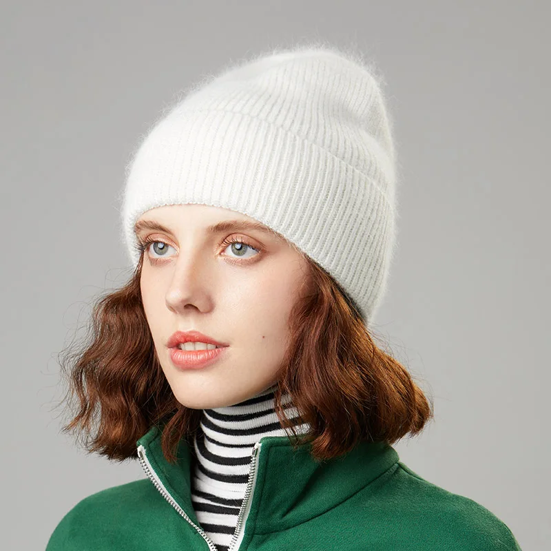 Вязаные шапки, зимние женские шапки, теплые шапки Skullies Beanies, высококачественные женские шапки из кроличьей шерсти, женская шапка - Цвет: Белый