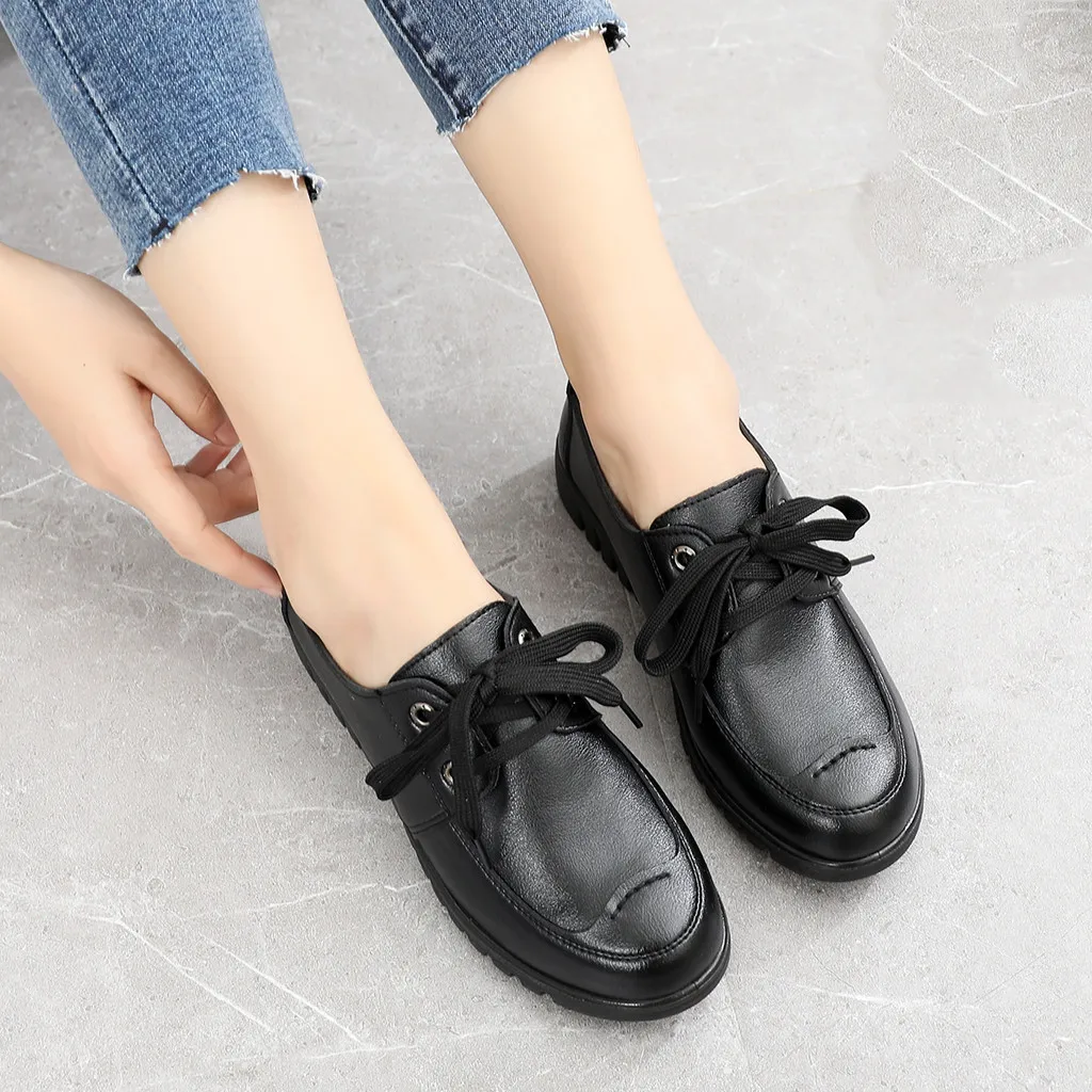 Туфли женские на плоской подошве однотонные повседневные шнуровке рабочая обувь