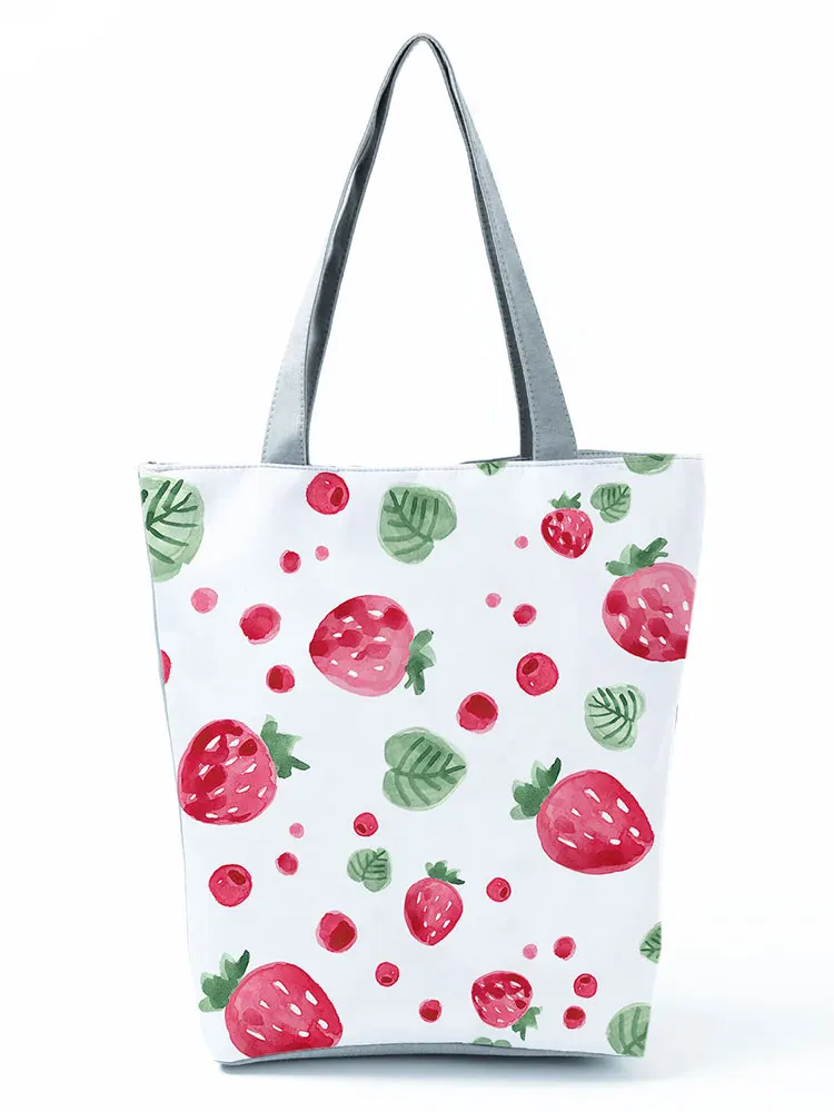 

Strawberry Printed Girl Handbag Eco Reusable High Capacity Women Shopping Bag Foldable Lady Fruit Shoulder Tote Custom Pattern