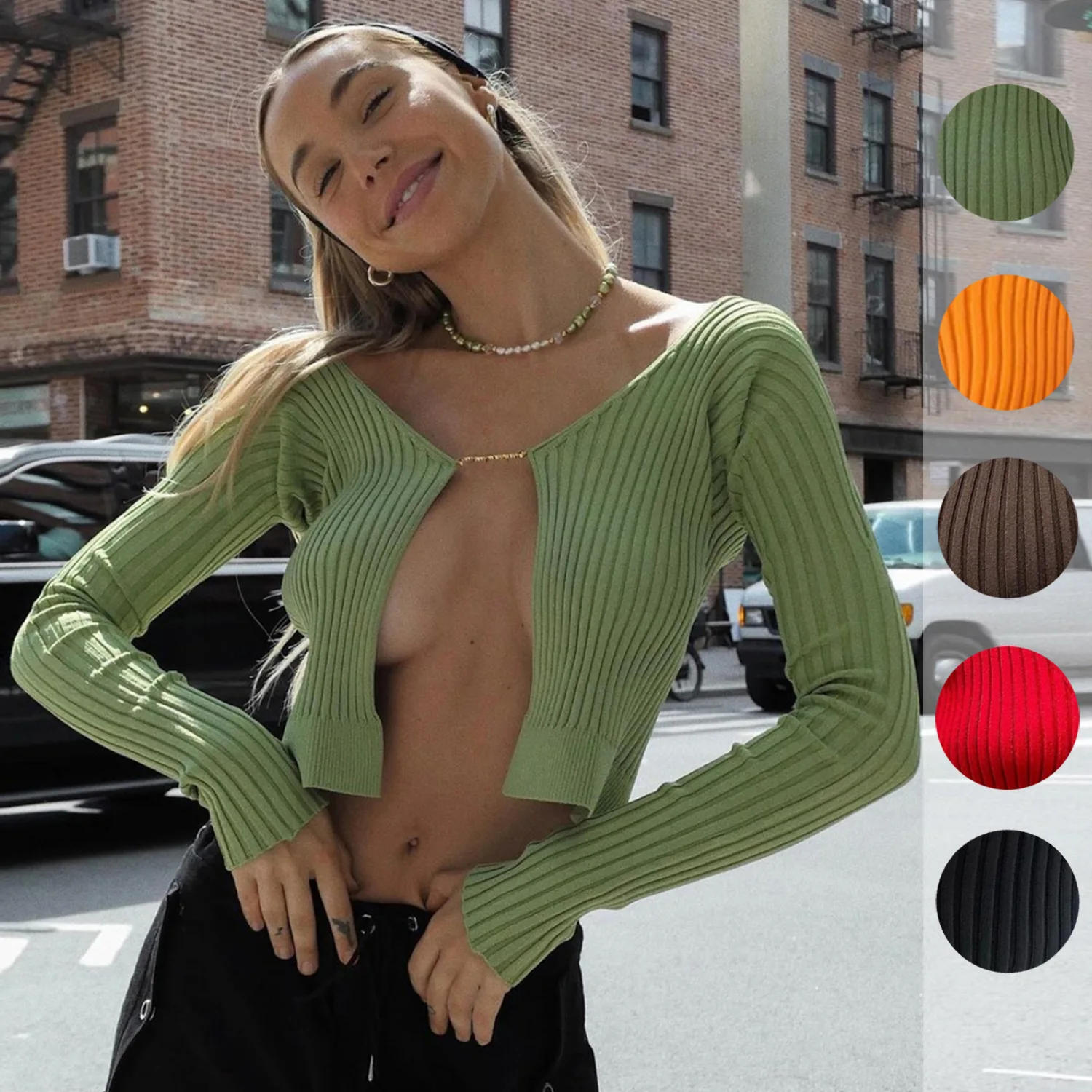 

Adogirl Casual Solid Long Sleeve Tops Slim Stretch Knitted Tees Basic Autumn Ribbed Slim T-Shirts Fashion Streetwear