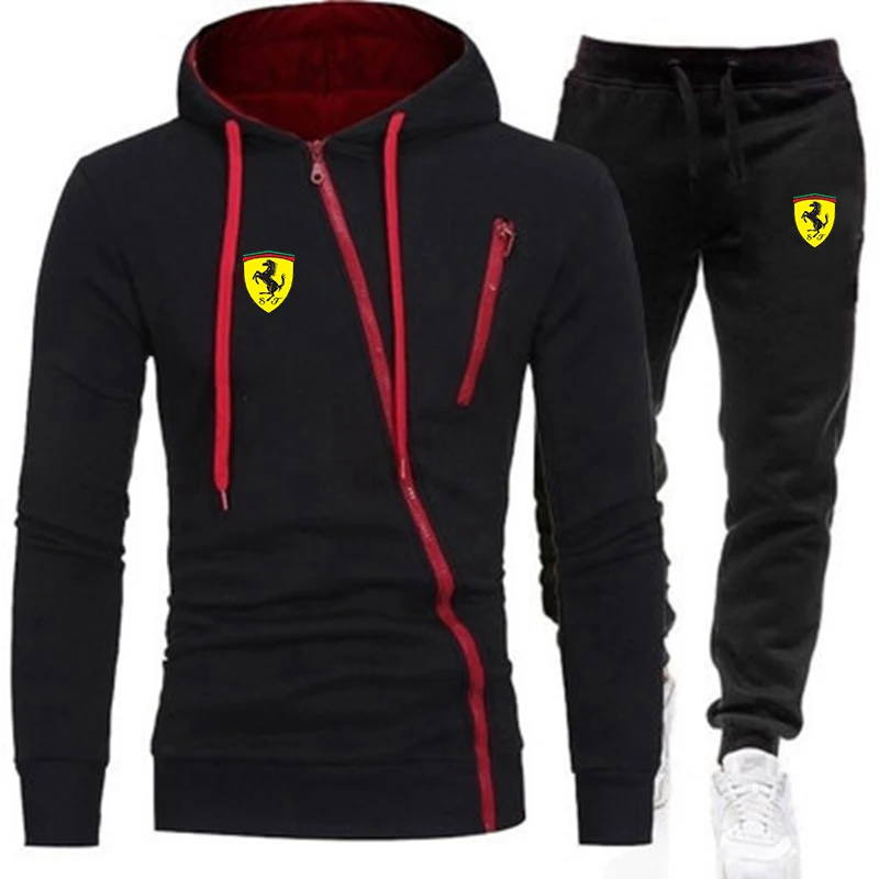 

High-end brand Ferrari hoodie wool zipper cardigan hooded jacket + pants hip-hop men's hooded sports pullover casual sweatshirt