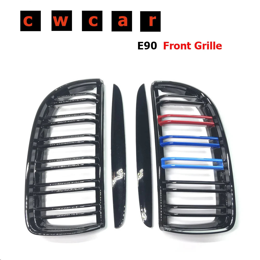 Пара глянцевый черный M Цвет 2 линии передняя ноздри гриль двойная планка для BMW E90