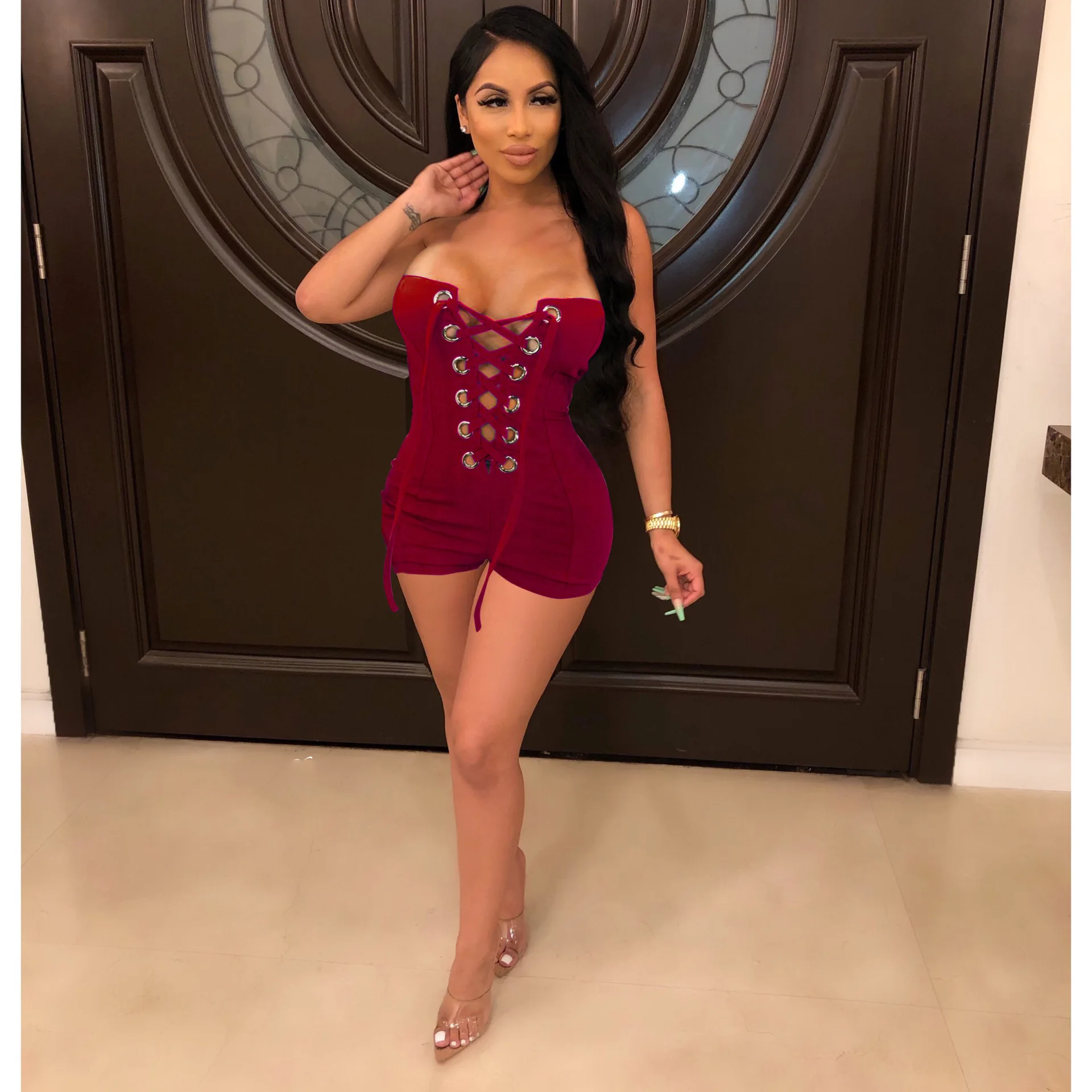 

Strapless Bandage Bodycon Grommet Playsuit Sexy Lace Up Beach Solid Sleeveless Swimsuit 2020 Spring One Piece Bandage Playsuit