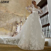 lorie vintage backless lace wedding dresses square neck long appliques sleeves a line bridal gowns pleat sashes bride dress 2022