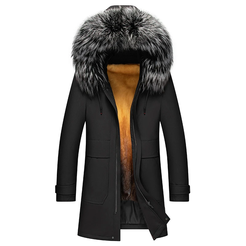 

Winter Jackets Men Warm Fashion Big Fox Fur Collar Black Coats Jackets for Men Mid-length Outdoor Fur Coats, Big Sizes M-4XL