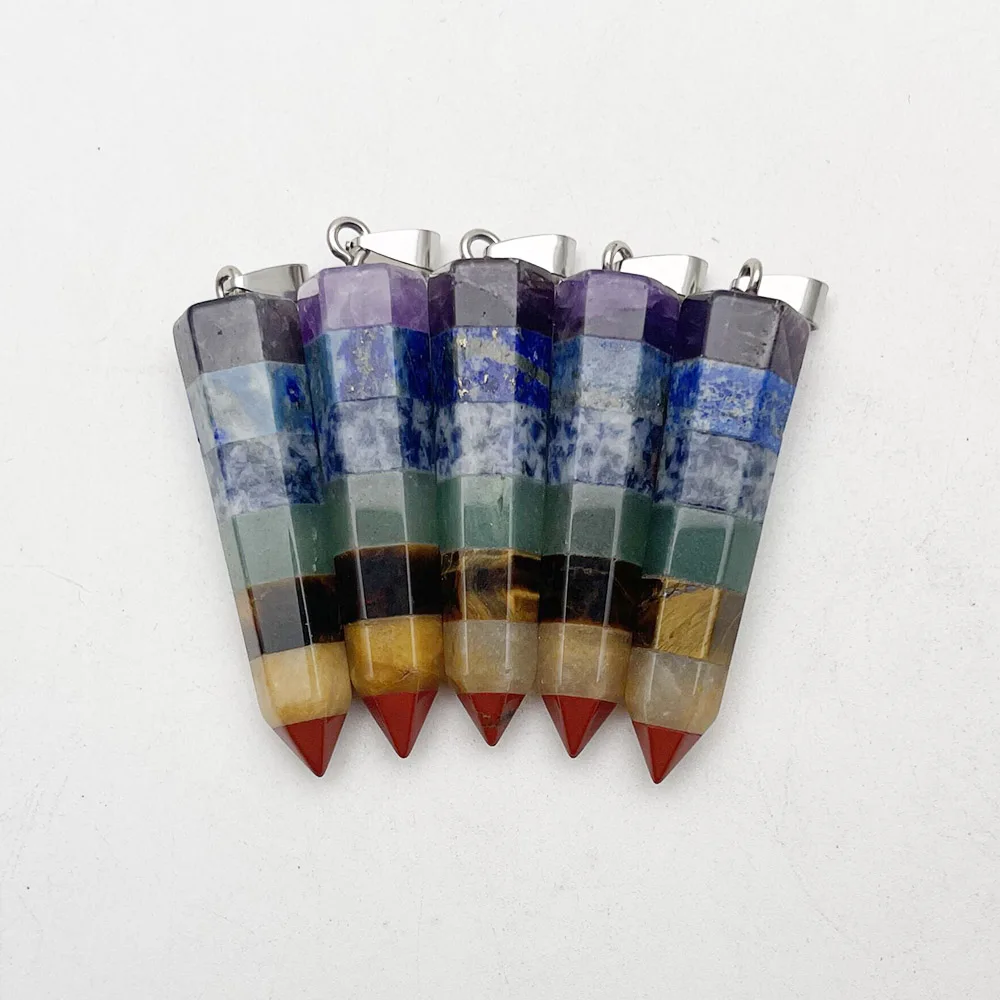 

fashion 5pc Reiki Healing Colorful Chips Stone Natural 7 Chakra Orgone Energy Pendant Necklace Pendulum Amulet 12X48MM