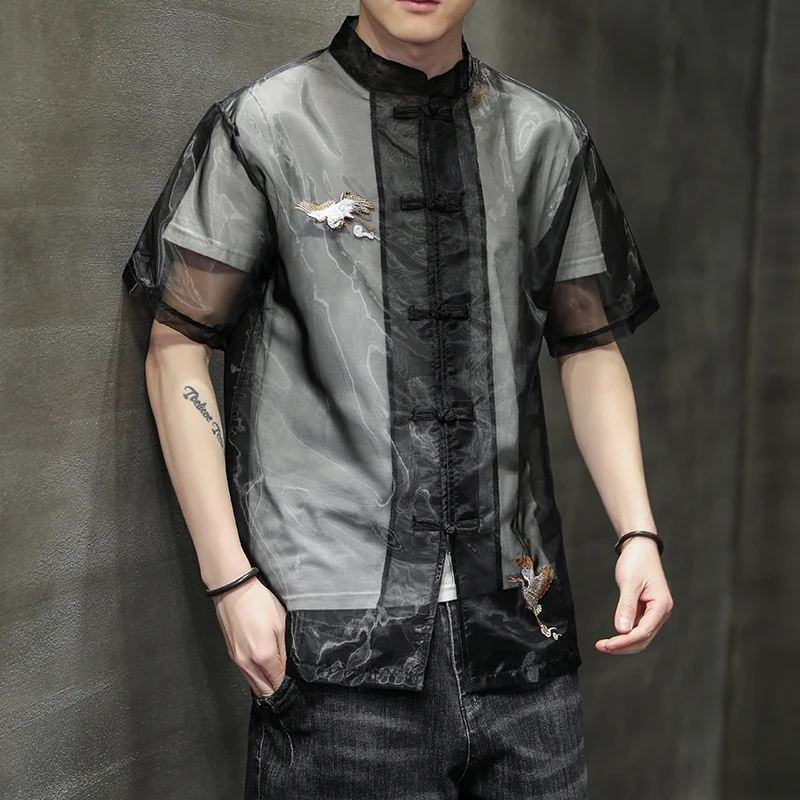 Black Silk See Through Summer Shirts For Men Collar Chinese Buckle Vintage Blouse Transparent Mandarin Kung Fu Style Clothes |