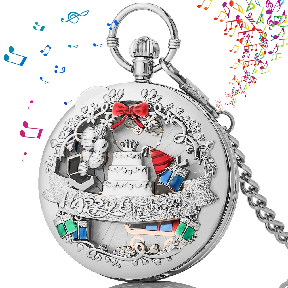 

Musical Quartz Pocket Watch Happy Birthday Melody Vintage Pendant Music Fob Pocket Clock Exquisite Gifts for Family Friends