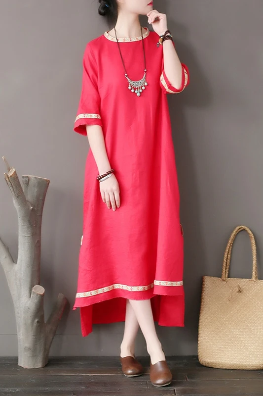 

Original national style women's dress stitching embroidery tear edge linen dress loose sleeve