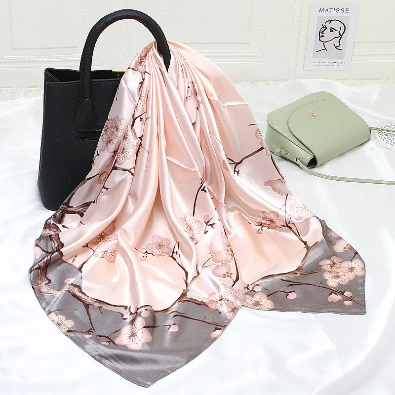 

2021 New Silk Satin Small Square Scarf Women Simple Printing Satin Silk Scarf Spring and Autumn Scarf Neckerchief 90cm
