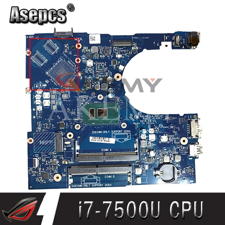 

For DELL Inspiron 5566 Laptop motherboard i7-7500U processor J0F4J 0J0F4J BAL60 LA-D871P mainboard 100% working