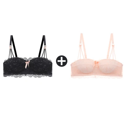 Black And Pink Top 2 шт., бюстгальтеры для женщин, маленькая грудь, беспроводной бюстгальтер, кружевной бесшовный бюстгальтер с эффектом пуш-ап и трусики, набор, половина чашки, сексуальные трусы, нижнее белье - Цвет: Black And Pink Top