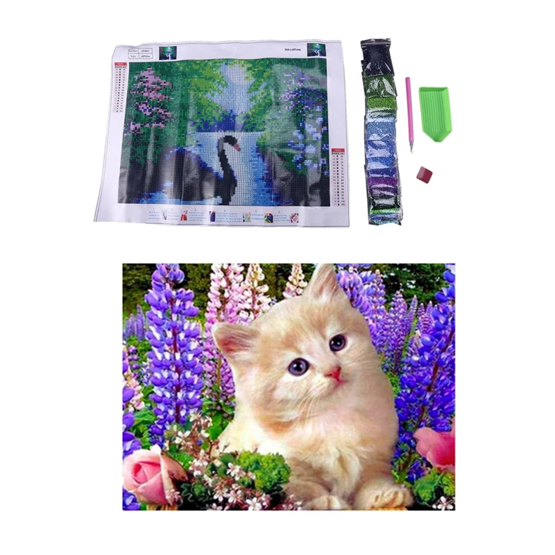 

2Set 5D Diy Diamond Painting 5D Diy Diamond Embroidery Rhinestones Christmas Gift, Swan Scenery & Cat Animal