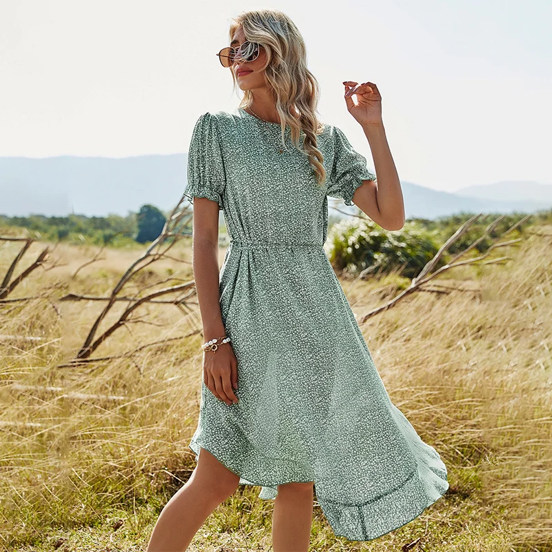 

Chiffon O Neck Short Sleeve Ruffle Floral Print Dress Women Summer Boho Casual Streetwear Beach Holiday High Waist Long Dresses