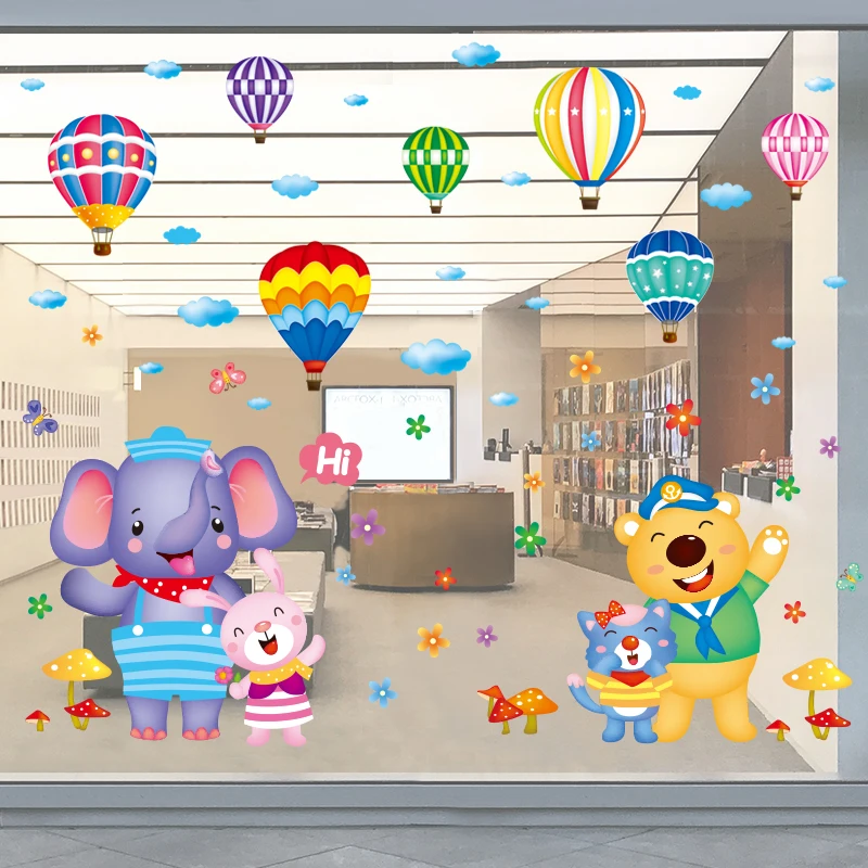 

[shijuekongjian] Cartoon Animals Wall Stickers DIY Hot Air Balloons Wall Decals for Kids Rooms Baby Bedroom Glass Decoration