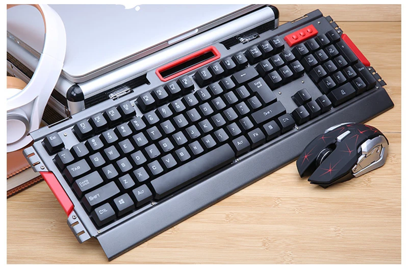 black Имитация Механическая игровая клавиатура мышь комбинированная перезаряжаемая беспроводная клавиатура с подсветкой панель из сплава подходит для компьютерных игр - Цвет: black