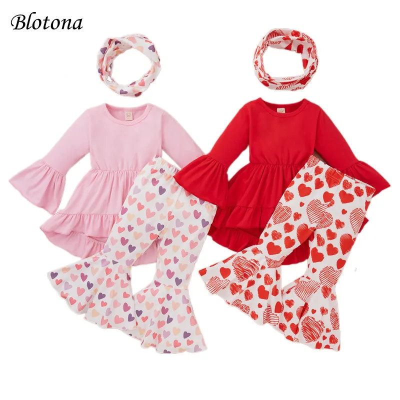 

Blotona Little Girls Valentine's Day Outfit, Solid Color O-Neck Long Sleeve Trailing Tops +Heart Print Flared Pants +Scarf 9M-4Y