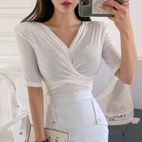 2022 summer solid v neck t shirts women short sleeve sexy short tops crop tops ladies casual tops tees female shirts white