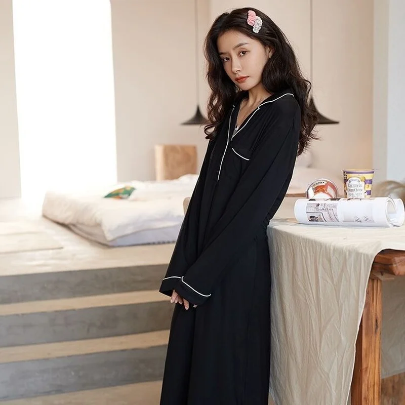 

Women Long Sleeve Cotton Night Gown Loose-fitting Mid-length Nightdress Solid Nightgowns Lapel Sleepshirts Loose Sleepwear C99