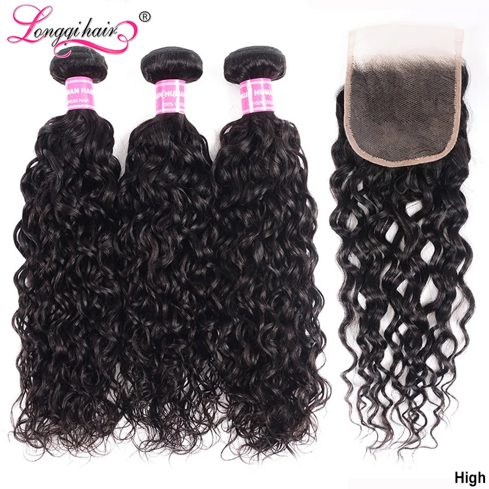 Longqi Hair новые волнистые волосы пряди с Закрытие 4x4 застежка бразильских волос Remy