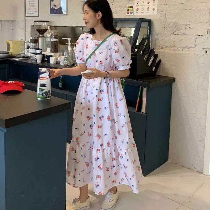 Vestidos coreanos de una pieza para mujer, vestido elegante con estampado Floral y mangas abullonadas, novedad de verano de 2021