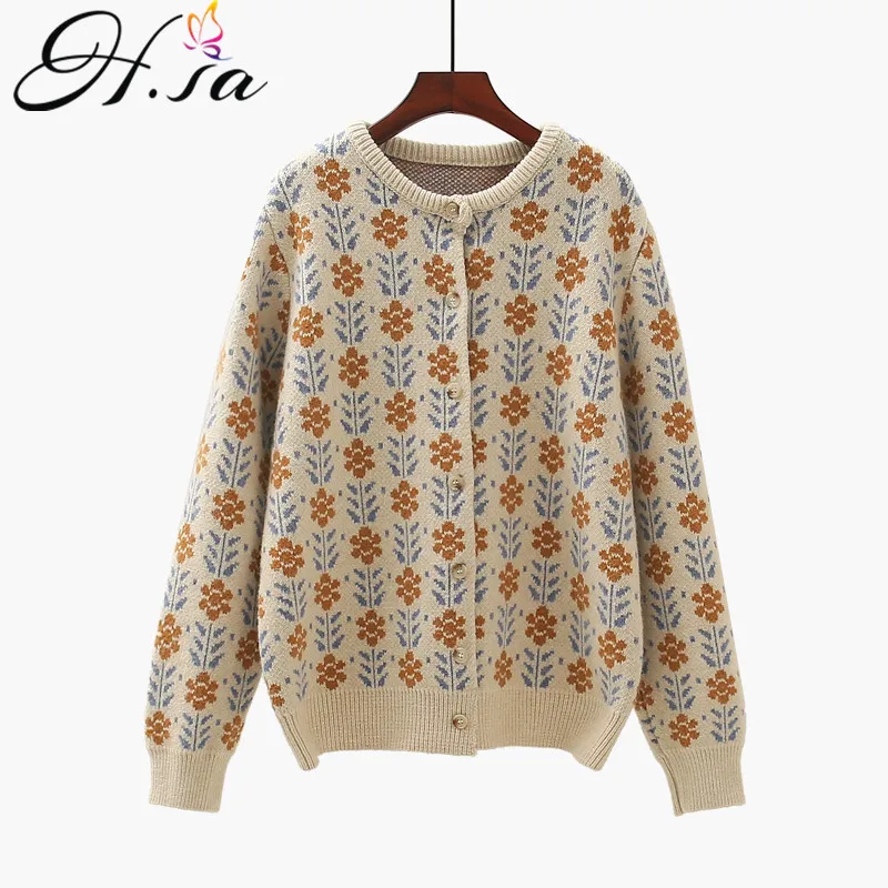 

H.SA Women Sweater Tops 2021 Long Sleeve Floral Cardigans Open Stitch Knitted Jackets Sweater Cardigans Vintage Clothes