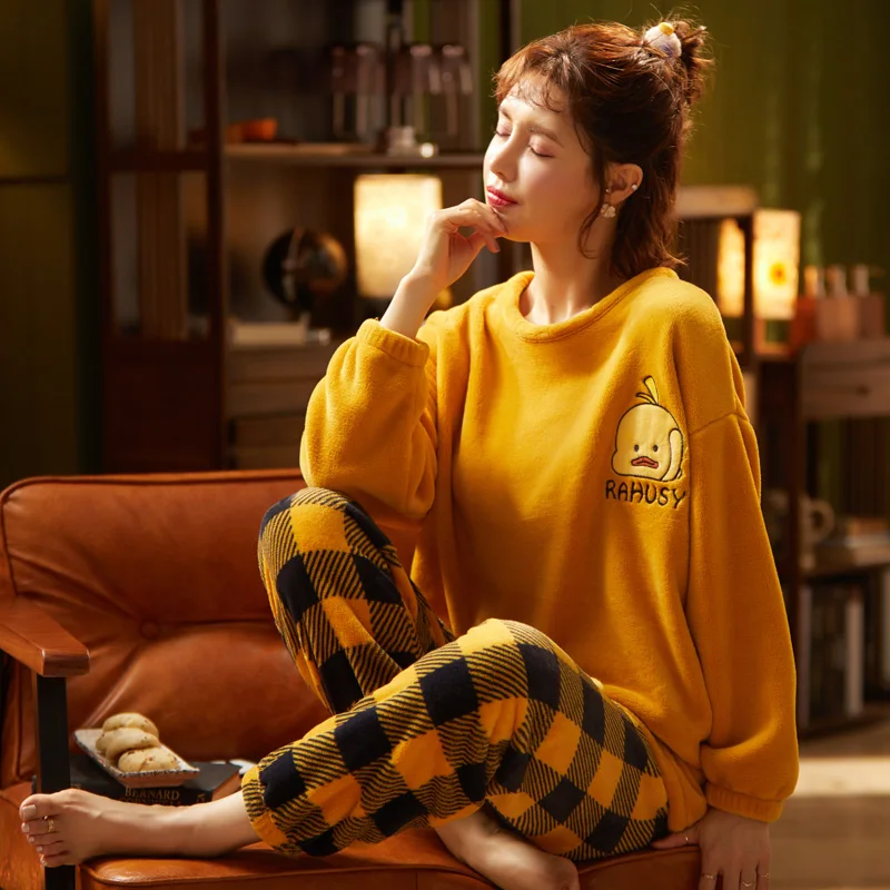 

Winter Flannel Household Yellow S2021Olid Color Pajamas Women's Long-sleeved Trousers Warm Home Clothes Pajamas Set Pajamas