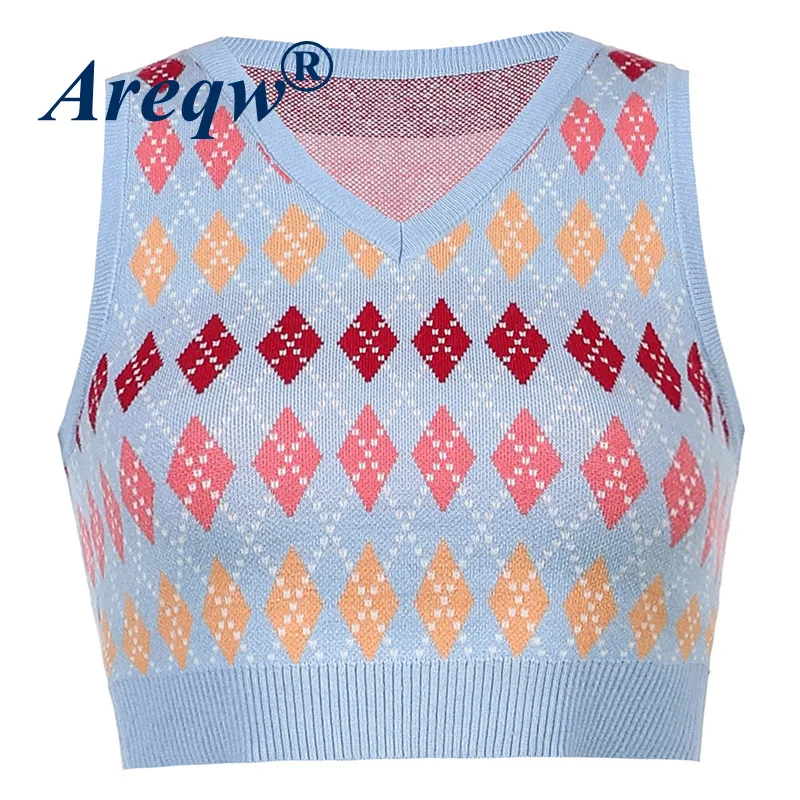 

Wool Knitted Vest Women 2021 New Women's College Style Age-reducing Short Diamond Lattice V-neck Sleeveless Top
