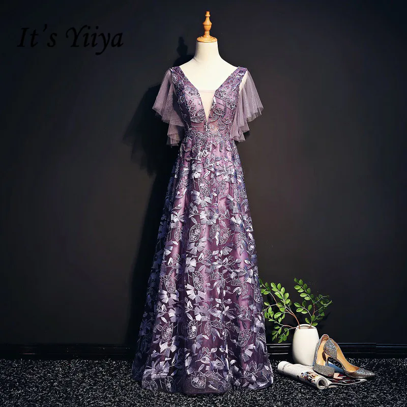 

Вечерние платья с V-образным вырезом It's Yiiya AR509, вечерние платья со стразами, рукавами-крылышками и вышивкой, украшенные бисером Длинные вече...