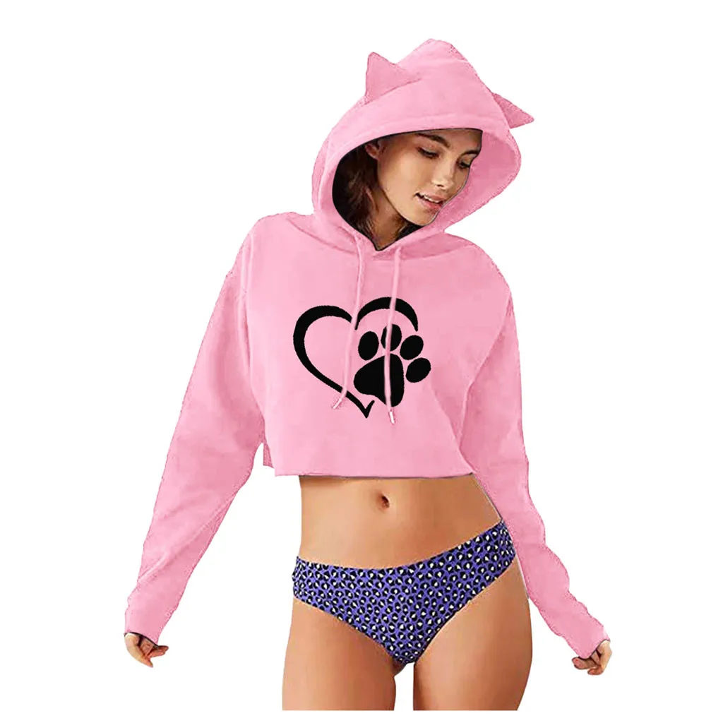 Милые свитшоты с кошачьими ушками женские короткие толстовки sudadera осенние женские пушистые шляпы с капюшоном пуловер Черный Белый kpop