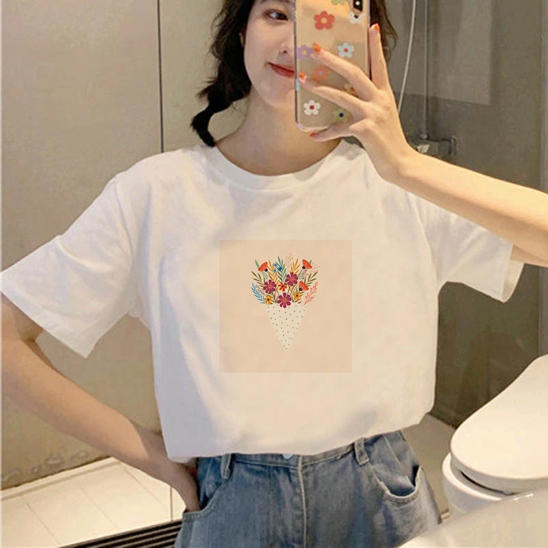 

T-Shirts For Women Vogue Flower Print Cartoon 90s Casual Top Lady Womens Harajuku Graphic T Shirt Ladies Female Tee T-Shirt