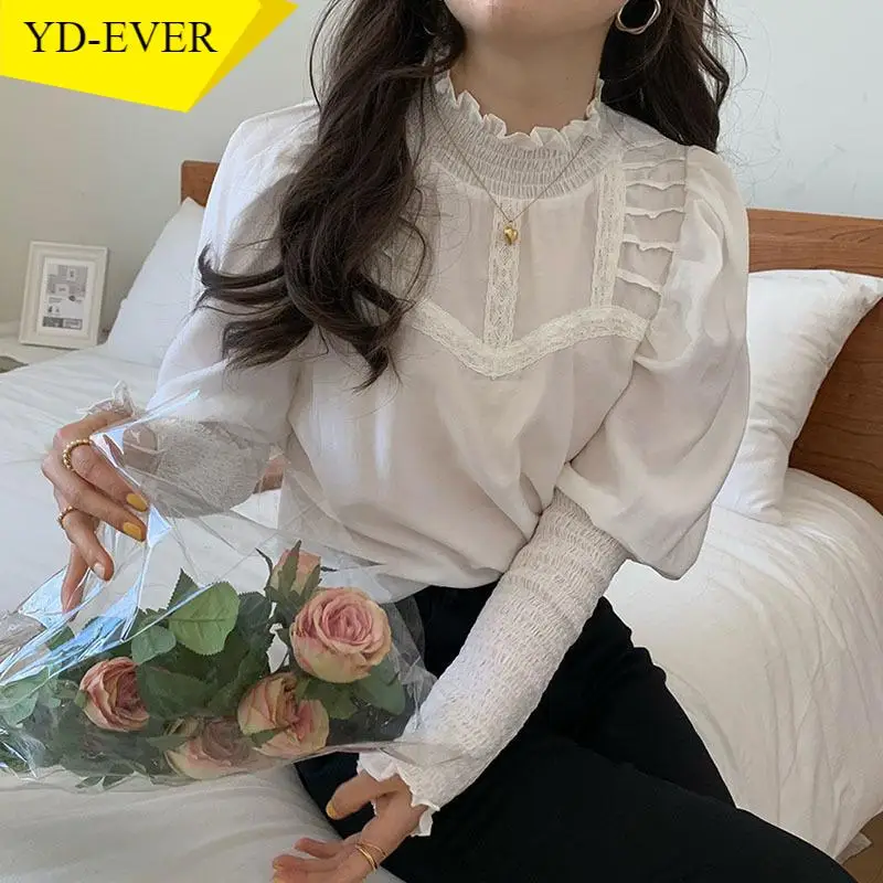 Woherb милые рубашки со стоячим воротником кружевными оборками Лоскутная Свободная