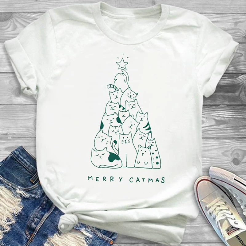 Merry Christmas футболка женская короткий рукав хлопок футболка Merry Catmas Забавный Китти принт топ мультфильм футболка с котами Рождественская футболка