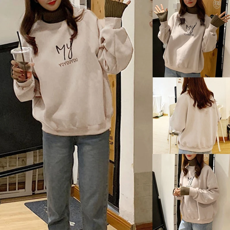 

Kili Women's Fashion Casual High Neck Long Sleeves Plus Velvet Thick Fake 2 Piece Sweater Camel