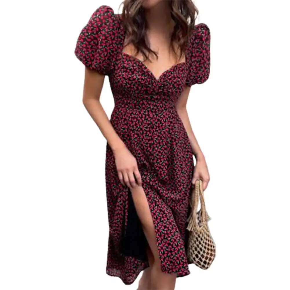 

Dress Floral Print Slim Long Length Puff Short Sleeve Women Dress for Dating