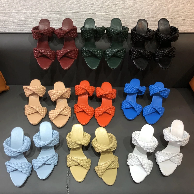 

Bailamos New Design Weave Women Slipper Ladies Elegant Thin High Heel Sandal Slip On Summer Outdoor Dress Slides Flip Flop