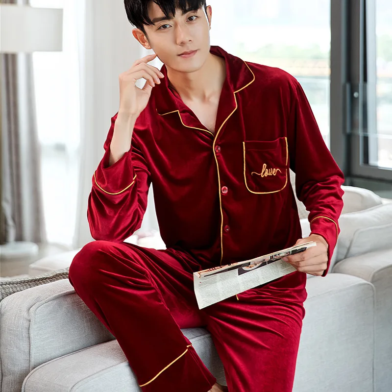 

Autumn And Winter Korea Style Couple Pajamas Suit Thick Home Wear Gold Velvet Sexy Nightdress Nightgown